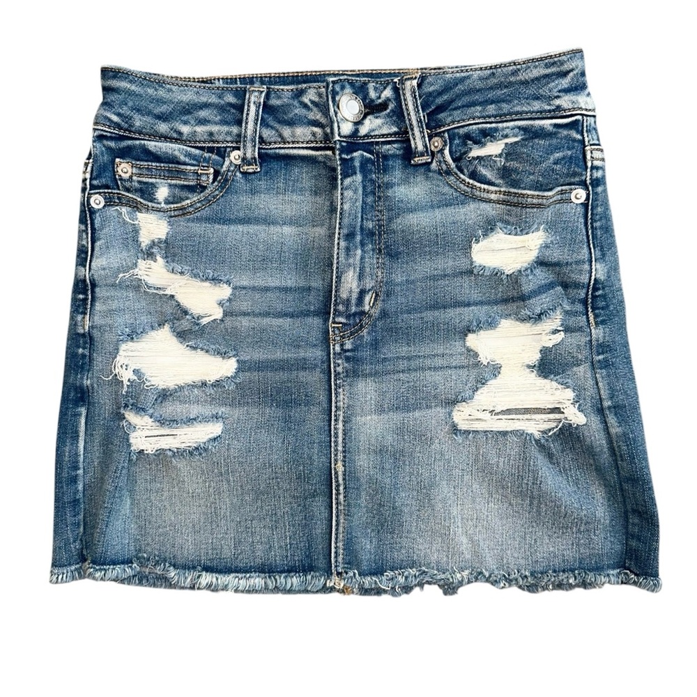 American Eagle Next Level Stretch Medium Wash Ripped Denim Mini Skirt Size 4